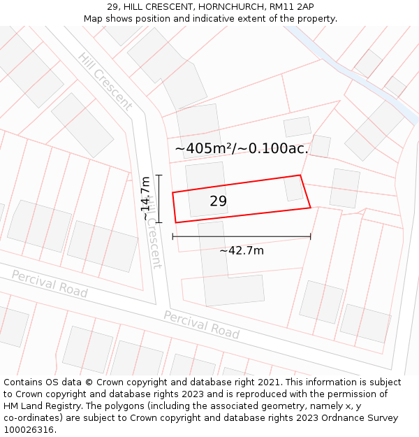 29, HILL CRESCENT, HORNCHURCH, RM11 2AP: Plot and title map