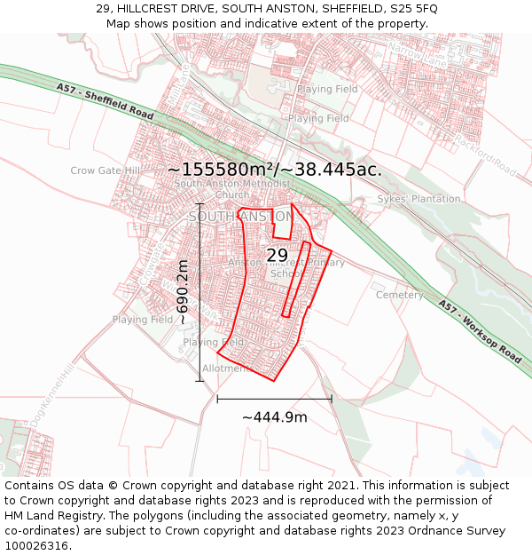 29, HILLCREST DRIVE, SOUTH ANSTON, SHEFFIELD, S25 5FQ: Plot and title map