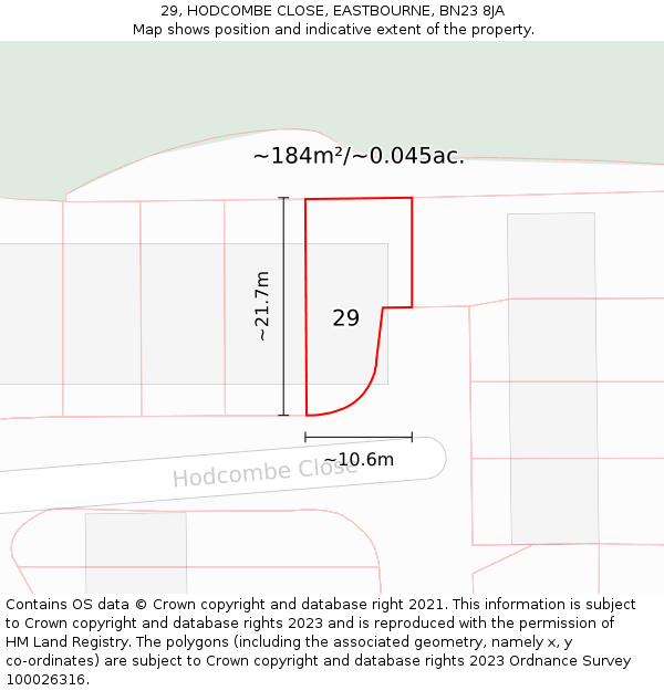 29, HODCOMBE CLOSE, EASTBOURNE, BN23 8JA: Plot and title map