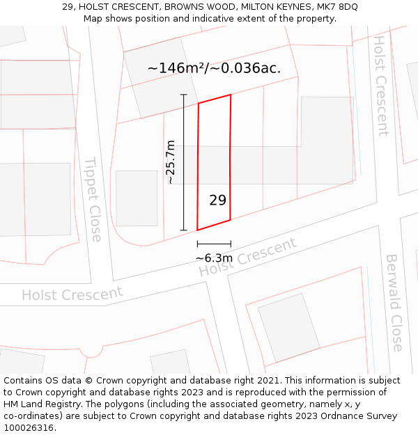 29, HOLST CRESCENT, BROWNS WOOD, MILTON KEYNES, MK7 8DQ: Plot and title map