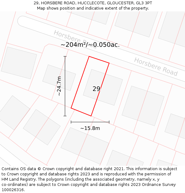 29, HORSBERE ROAD, HUCCLECOTE, GLOUCESTER, GL3 3PT: Plot and title map