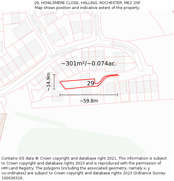 29, HOWLSMERE CLOSE, HALLING, ROCHESTER, ME2 1NF: Plot and title map