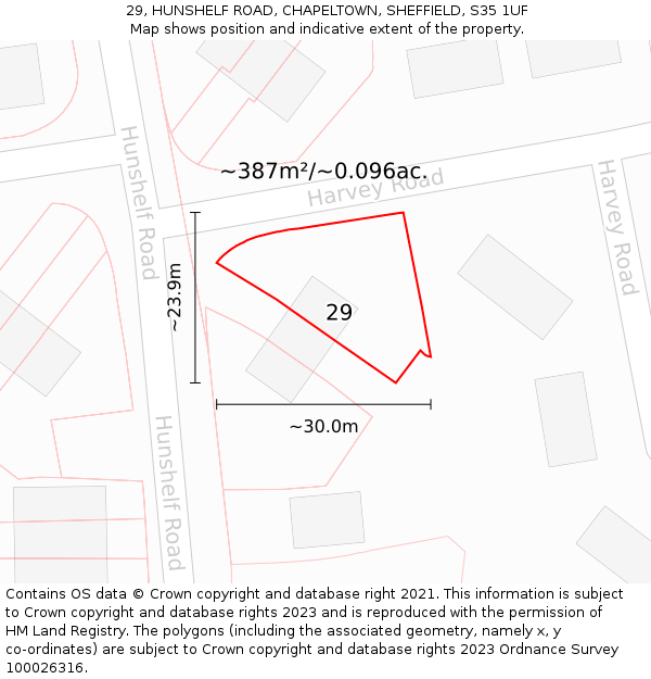 29, HUNSHELF ROAD, CHAPELTOWN, SHEFFIELD, S35 1UF: Plot and title map