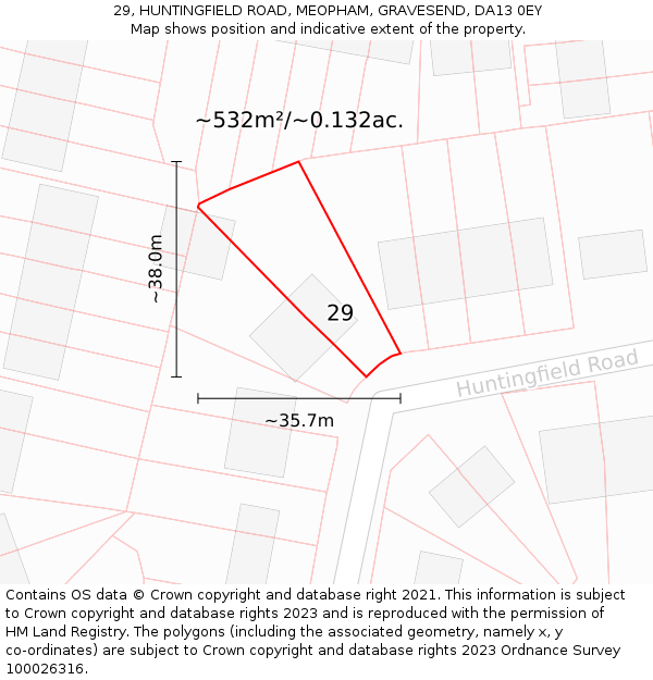 29, HUNTINGFIELD ROAD, MEOPHAM, GRAVESEND, DA13 0EY: Plot and title map