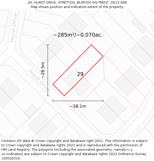 29, HURST DRIVE, STRETTON, BURTON-ON-TRENT, DE13 0EB: Plot and title map