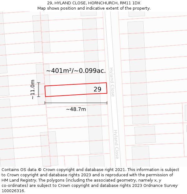 29, HYLAND CLOSE, HORNCHURCH, RM11 1DX: Plot and title map