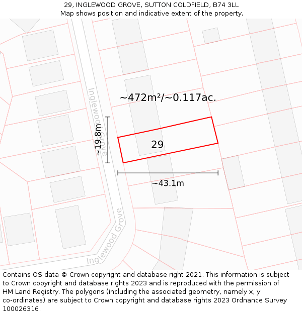 29, INGLEWOOD GROVE, SUTTON COLDFIELD, B74 3LL: Plot and title map