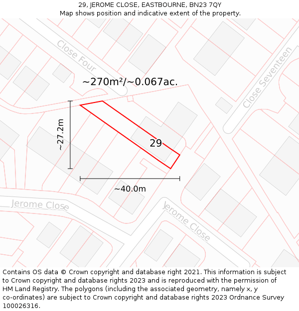 29, JEROME CLOSE, EASTBOURNE, BN23 7QY: Plot and title map