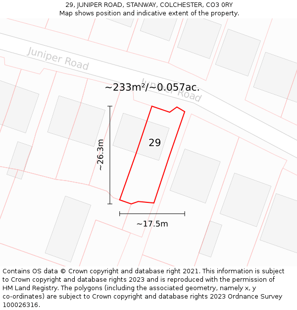 29, JUNIPER ROAD, STANWAY, COLCHESTER, CO3 0RY: Plot and title map