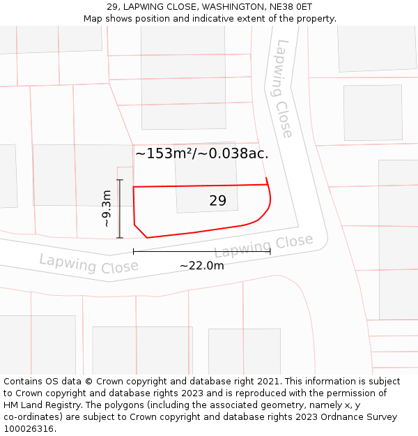 29, LAPWING CLOSE, WASHINGTON, NE38 0ET: Plot and title map