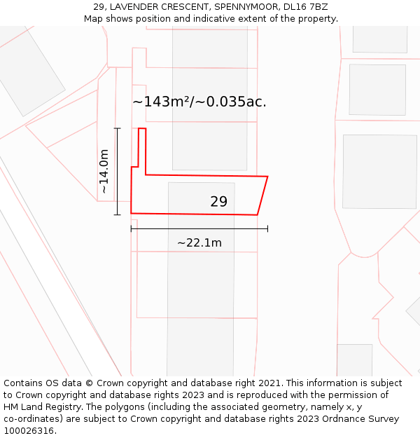 29, LAVENDER CRESCENT, SPENNYMOOR, DL16 7BZ: Plot and title map