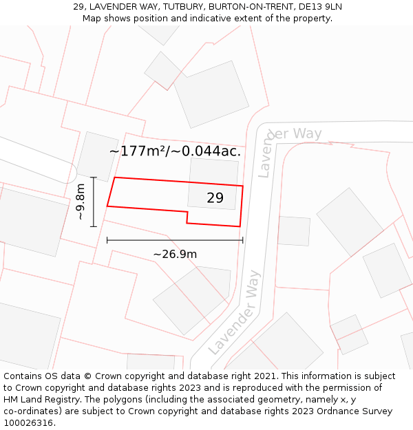 29, LAVENDER WAY, TUTBURY, BURTON-ON-TRENT, DE13 9LN: Plot and title map