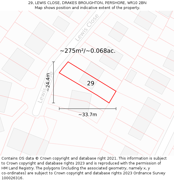 29, LEWIS CLOSE, DRAKES BROUGHTON, PERSHORE, WR10 2BN: Plot and title map