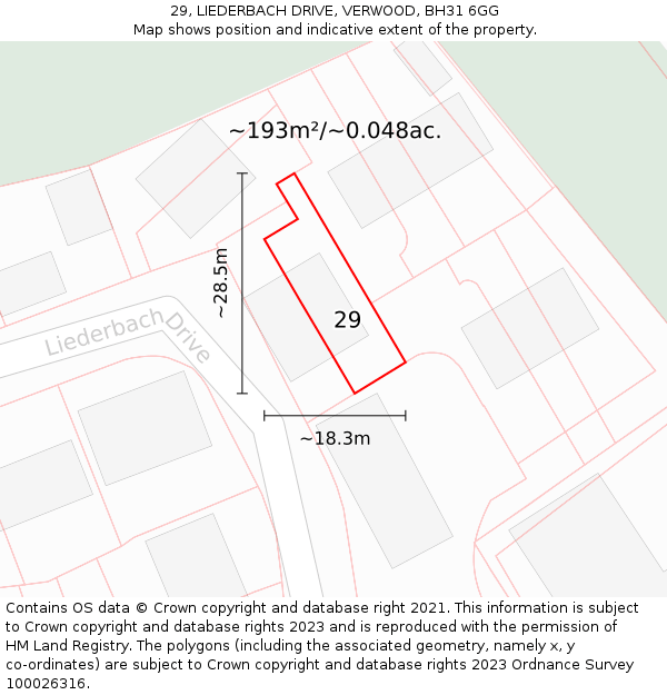 29, LIEDERBACH DRIVE, VERWOOD, BH31 6GG: Plot and title map