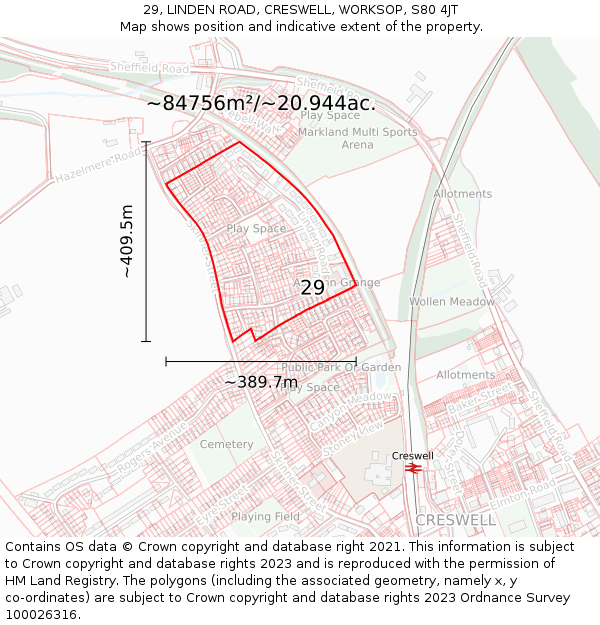 29, LINDEN ROAD, CRESWELL, WORKSOP, S80 4JT: Plot and title map