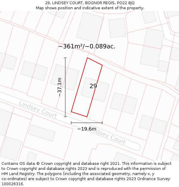 29, LINDSEY COURT, BOGNOR REGIS, PO22 8JQ: Plot and title map