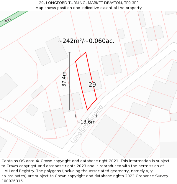 29, LONGFORD TURNING, MARKET DRAYTON, TF9 3PF: Plot and title map