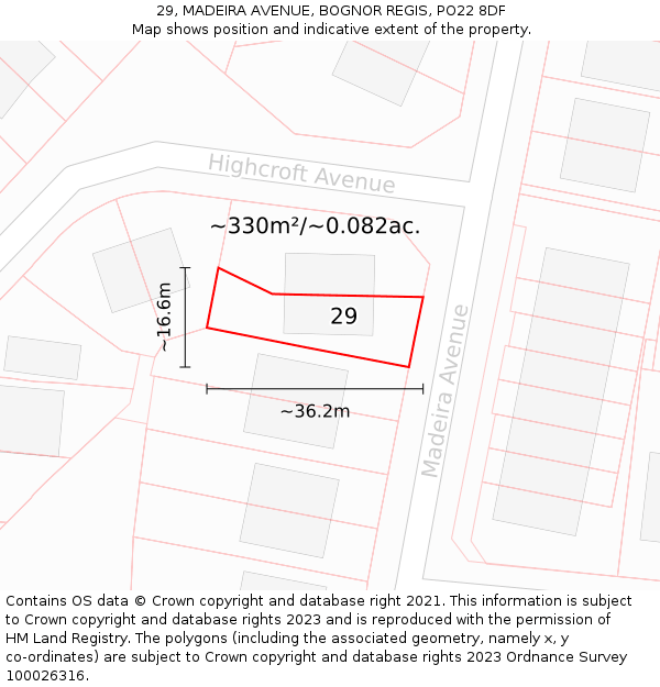 29, MADEIRA AVENUE, BOGNOR REGIS, PO22 8DF: Plot and title map