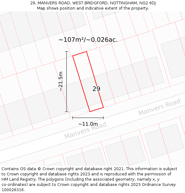 29, MANVERS ROAD, WEST BRIDGFORD, NOTTINGHAM, NG2 6DJ: Plot and title map