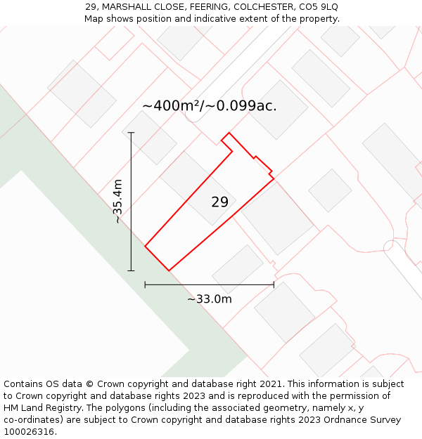 29, MARSHALL CLOSE, FEERING, COLCHESTER, CO5 9LQ: Plot and title map