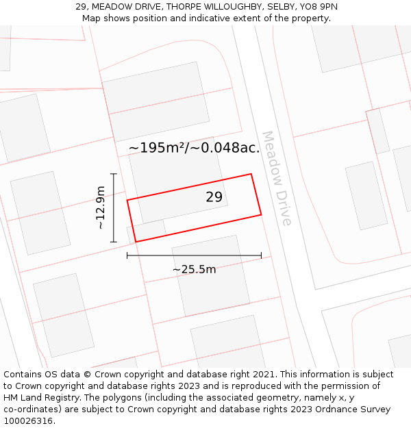 29, MEADOW DRIVE, THORPE WILLOUGHBY, SELBY, YO8 9PN: Plot and title map