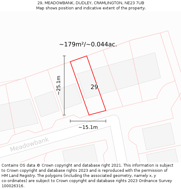 29, MEADOWBANK, DUDLEY, CRAMLINGTON, NE23 7UB: Plot and title map