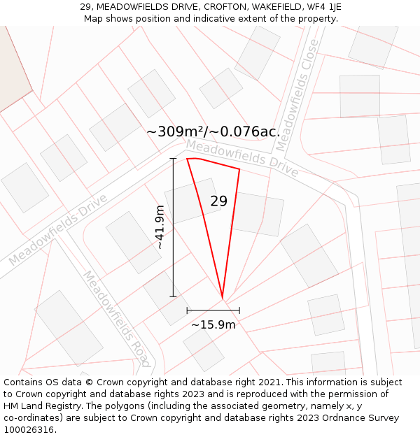 29, MEADOWFIELDS DRIVE, CROFTON, WAKEFIELD, WF4 1JE: Plot and title map