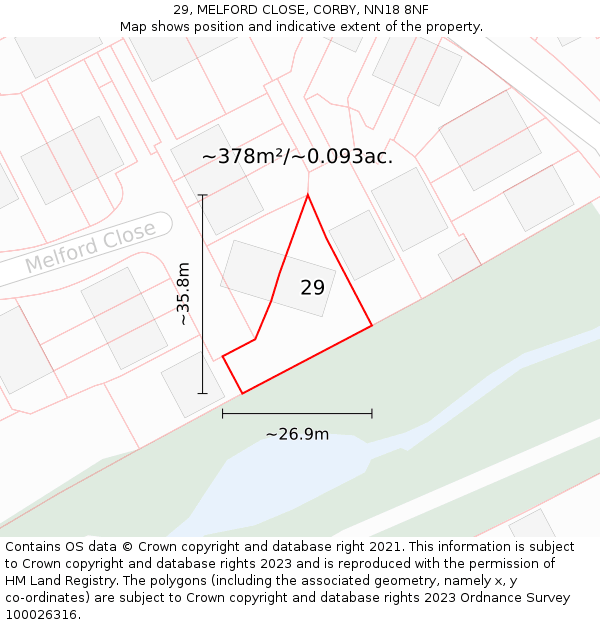 29, MELFORD CLOSE, CORBY, NN18 8NF: Plot and title map
