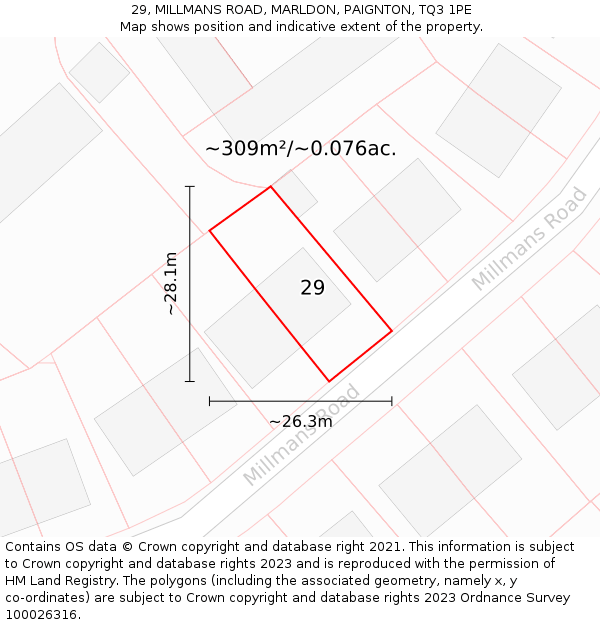 29, MILLMANS ROAD, MARLDON, PAIGNTON, TQ3 1PE: Plot and title map