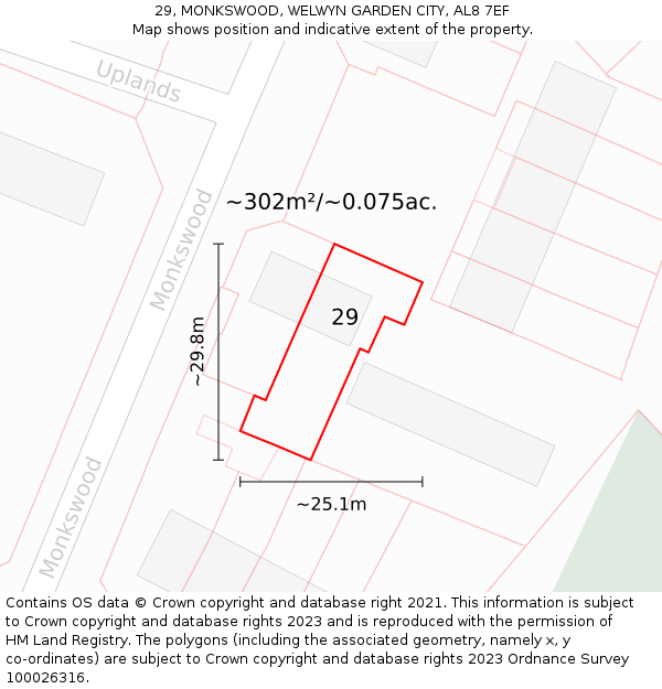 29, MONKSWOOD, WELWYN GARDEN CITY, AL8 7EF: Plot and title map