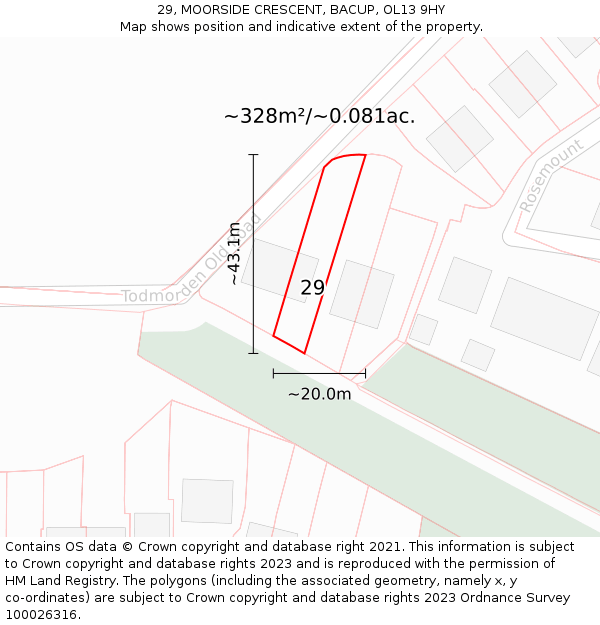 29, MOORSIDE CRESCENT, BACUP, OL13 9HY: Plot and title map