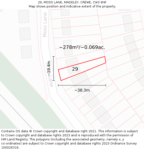 29, MOSS LANE, MADELEY, CREWE, CW3 9NF: Plot and title map