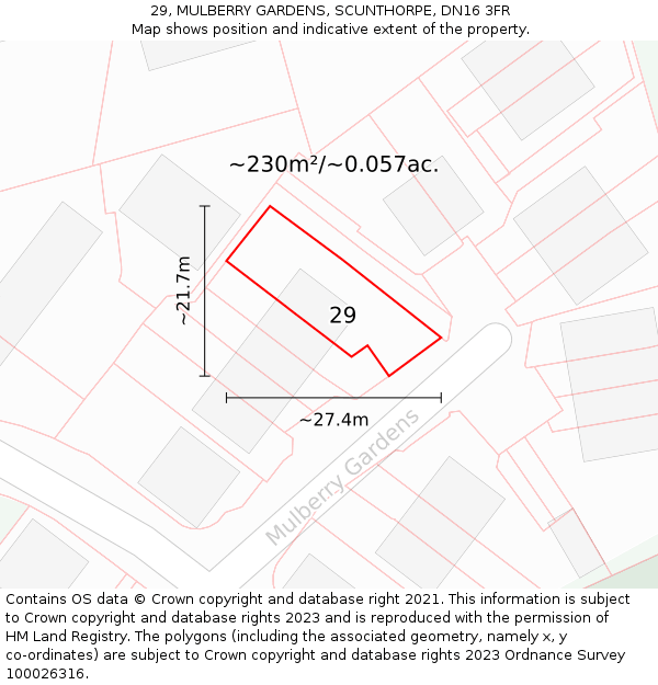 29, MULBERRY GARDENS, SCUNTHORPE, DN16 3FR: Plot and title map