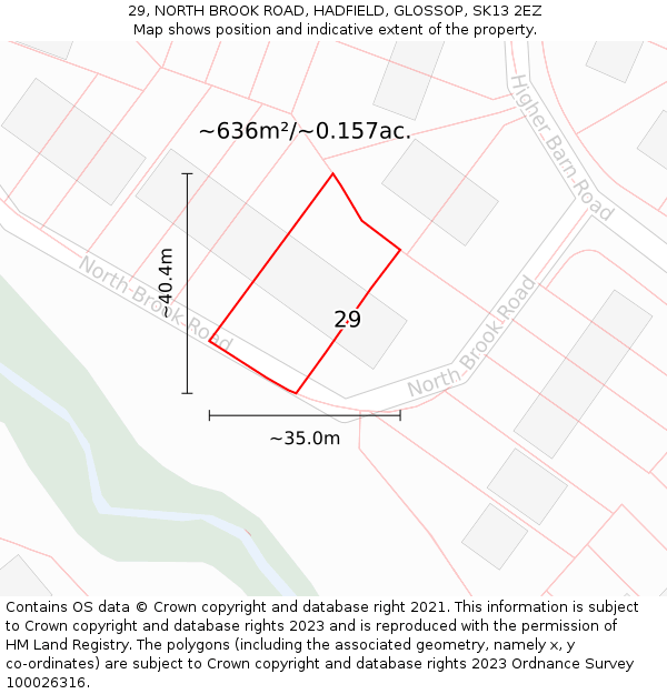 29, NORTH BROOK ROAD, HADFIELD, GLOSSOP, SK13 2EZ: Plot and title map