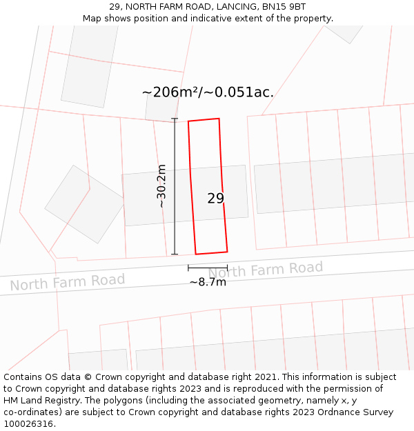 29, NORTH FARM ROAD, LANCING, BN15 9BT: Plot and title map