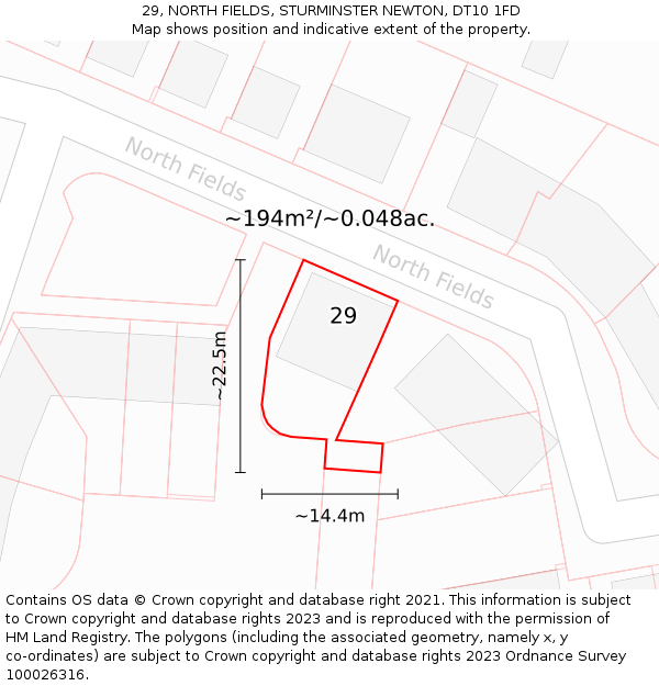 29, NORTH FIELDS, STURMINSTER NEWTON, DT10 1FD: Plot and title map