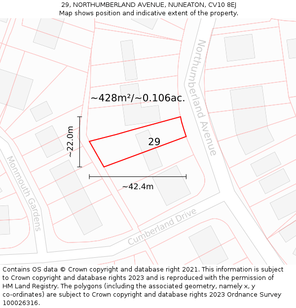29, NORTHUMBERLAND AVENUE, NUNEATON, CV10 8EJ: Plot and title map