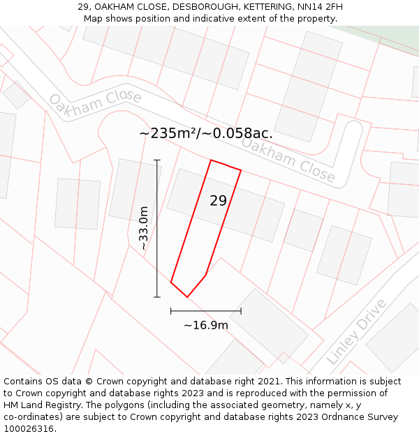 29, OAKHAM CLOSE, DESBOROUGH, KETTERING, NN14 2FH: Plot and title map