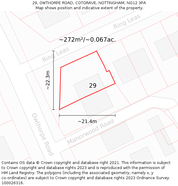 29, OWTHORPE ROAD, COTGRAVE, NOTTINGHAM, NG12 3PA: Plot and title map