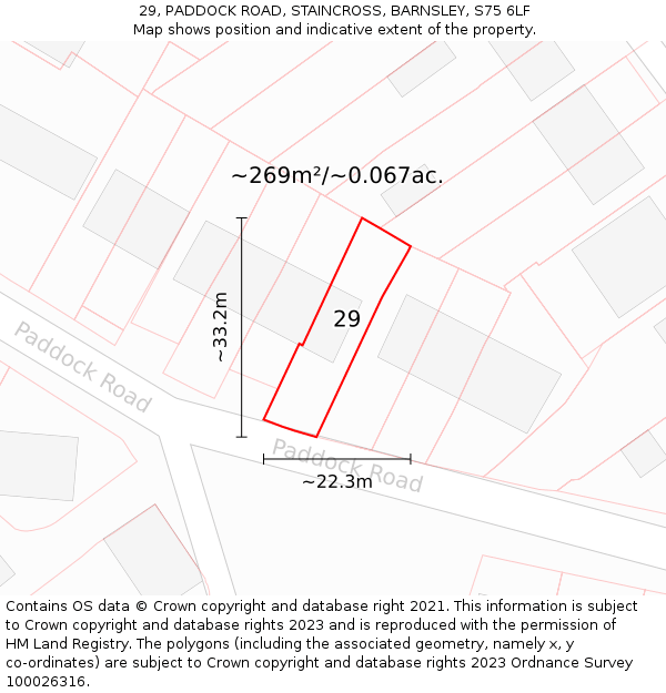 29, PADDOCK ROAD, STAINCROSS, BARNSLEY, S75 6LF: Plot and title map