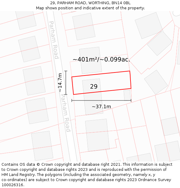 29, PARHAM ROAD, WORTHING, BN14 0BL: Plot and title map