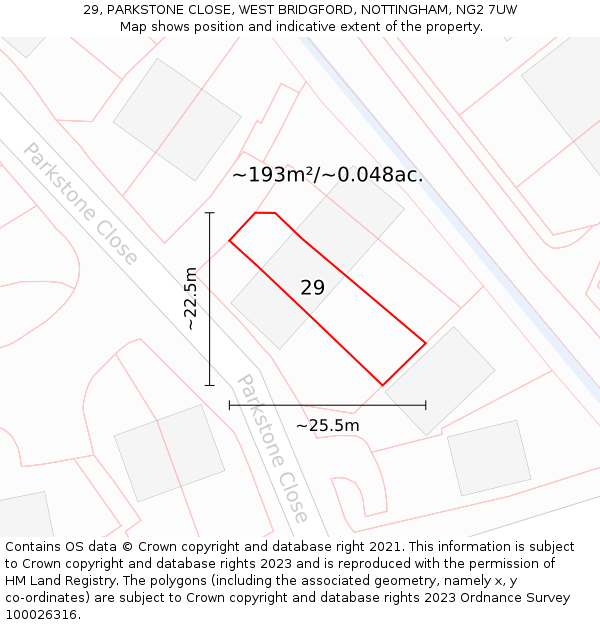 29, PARKSTONE CLOSE, WEST BRIDGFORD, NOTTINGHAM, NG2 7UW: Plot and title map