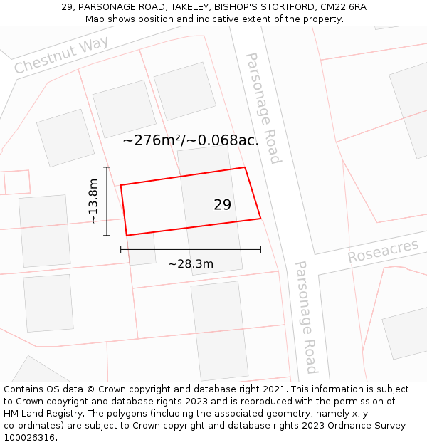 29, PARSONAGE ROAD, TAKELEY, BISHOP'S STORTFORD, CM22 6RA: Plot and title map