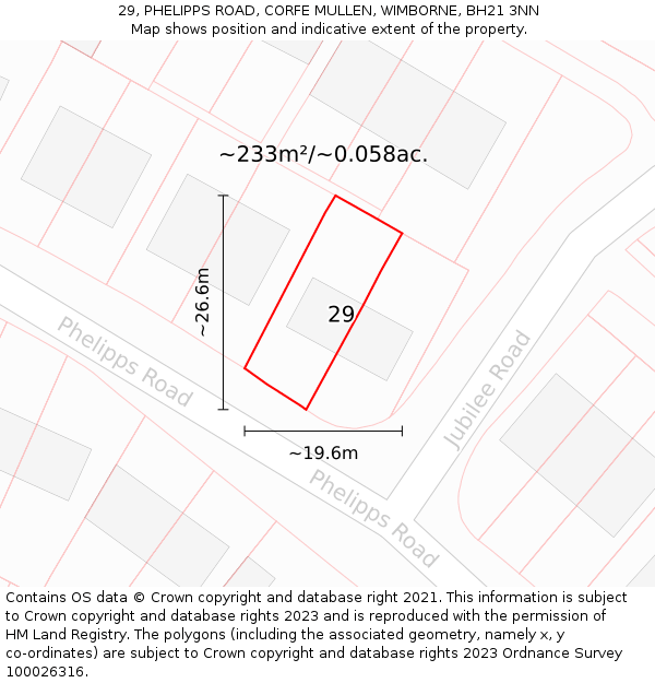 29, PHELIPPS ROAD, CORFE MULLEN, WIMBORNE, BH21 3NN: Plot and title map