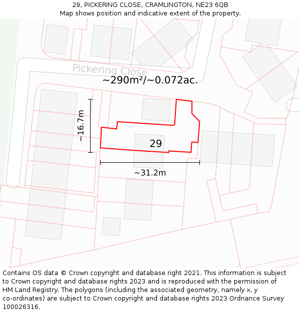 29, PICKERING CLOSE, CRAMLINGTON, NE23 6QB: Plot and title map