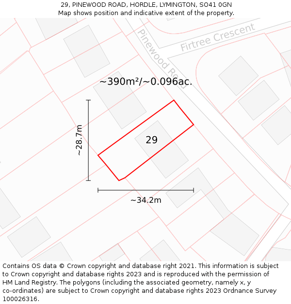 29, PINEWOOD ROAD, HORDLE, LYMINGTON, SO41 0GN: Plot and title map