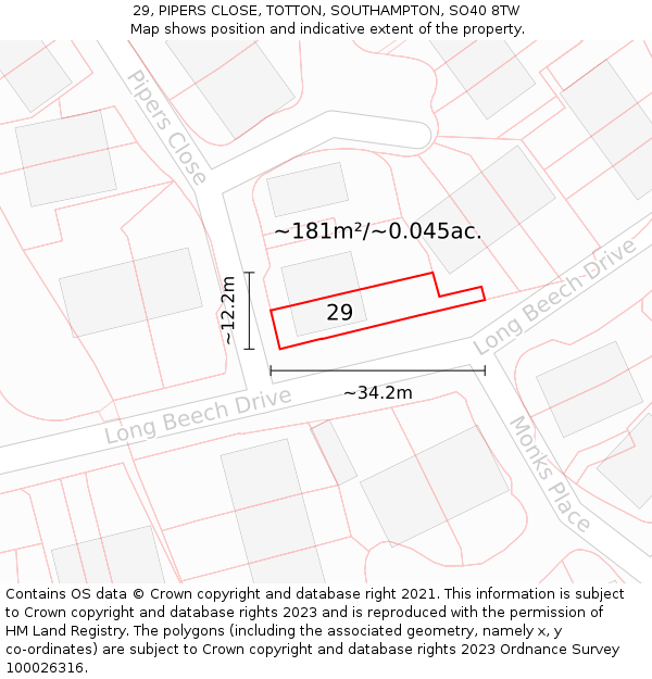 29, PIPERS CLOSE, TOTTON, SOUTHAMPTON, SO40 8TW: Plot and title map