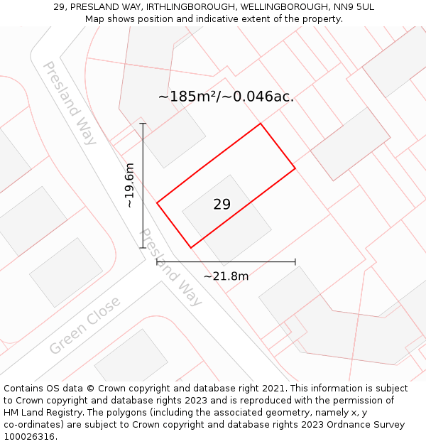 29, PRESLAND WAY, IRTHLINGBOROUGH, WELLINGBOROUGH, NN9 5UL: Plot and title map