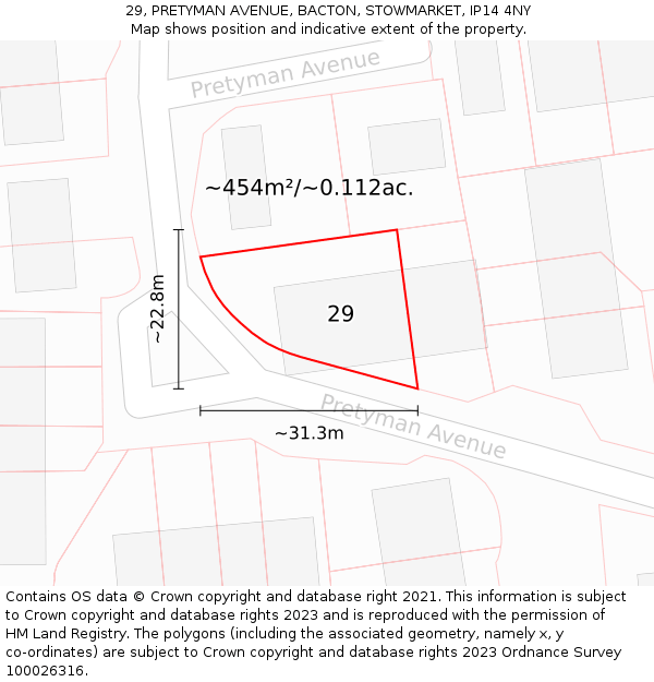 29, PRETYMAN AVENUE, BACTON, STOWMARKET, IP14 4NY: Plot and title map