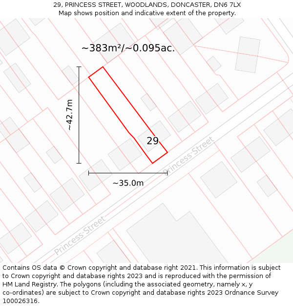 29, PRINCESS STREET, WOODLANDS, DONCASTER, DN6 7LX: Plot and title map